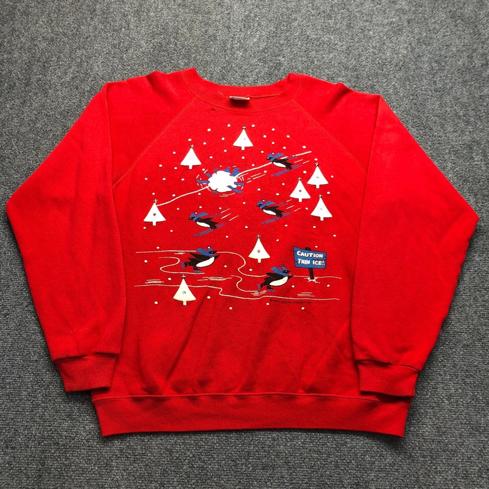 Vintage 1987 Hanes Penguin Winter Christmas Sweatshirt Red Large 80s Raglan